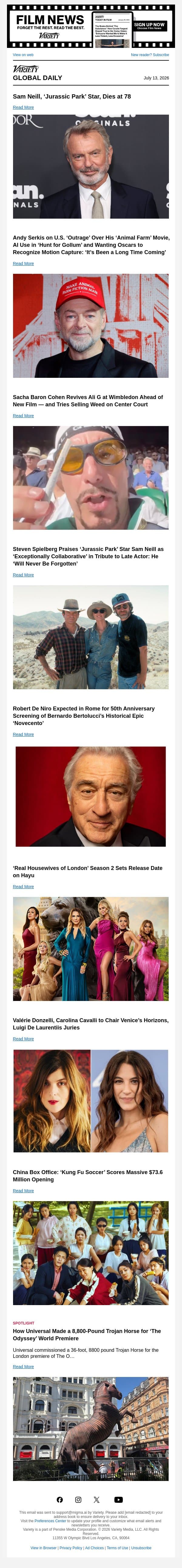 Sam Neill Dies; Andy Serkis on 'Animal Farm'; Ali G Goes to Wimbledon email from Variety screenshot