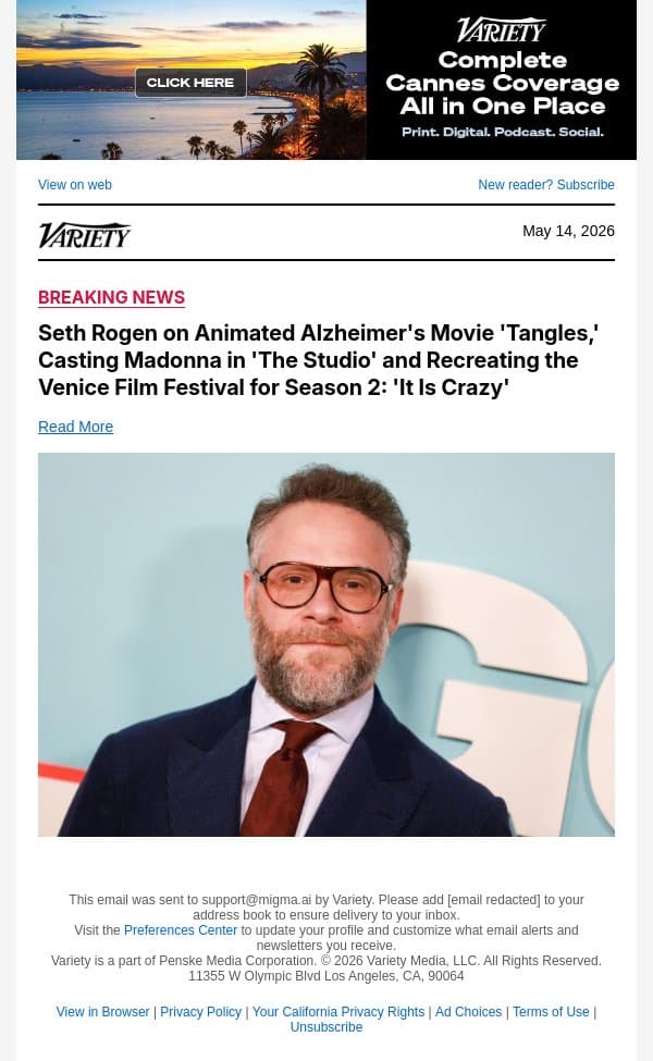Seth Rogen on Animated Alzheimer's Movie 'Tangles,' Casting Madonna in 'The Studio' and Recreating the Venice Film Festival for Season 2: 'It Is Crazy' email from Variety screenshot