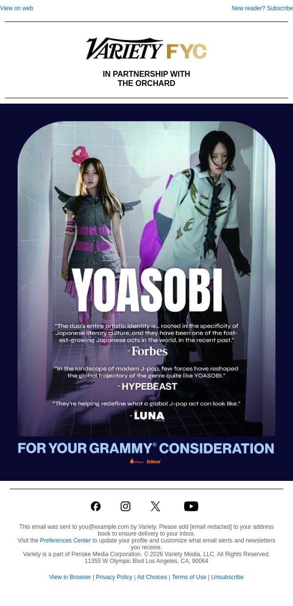 For Your GRAMMY® Consideration - YOASOBI email from Variety screenshot