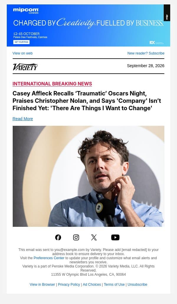 Casey Affleck Recalls ‘Traumatic’ Oscars Night, Praises Christopher Nolan, and Says 'Company' Isn’t Finished Yet: 'There Are Things I Want to Change' email from Variety screenshot