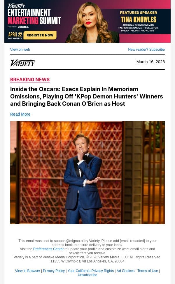 Inside the Oscars: Execs Explain In Memoriam Omissions, Playing Off 'KPop Demon Hunters' Winners and Bringing Back Conan O'Brien as Host email from Variety screenshot