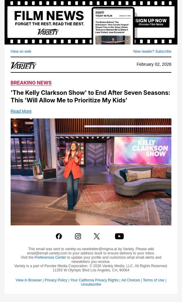 'The Kelly Clarkson Show' to End After Seven Seasons: This 'Will Allow Me to Prioritize My Kids' email from Variety screenshot