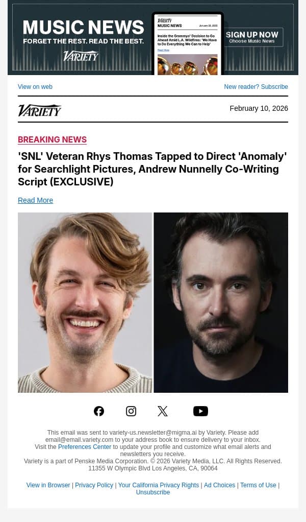 'SNL' Veteran Rhys Thomas Tapped to Direct 'Anomaly' for Searchlight Pictures, Andrew Nunnelly Co-Writing Script (EXCLUSIVE) email from Variety screenshot