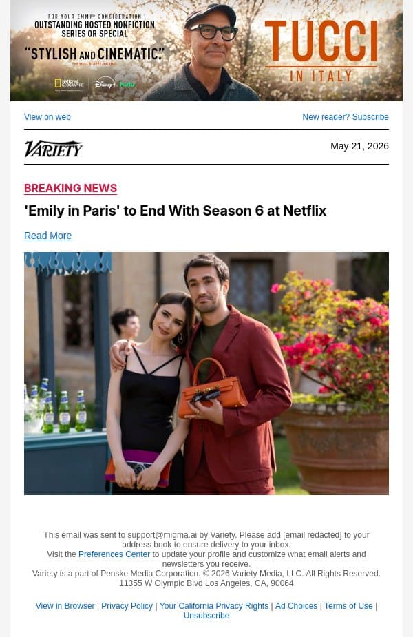 'Emily in Paris' to End With Season 6 at Netflix email from Variety screenshot