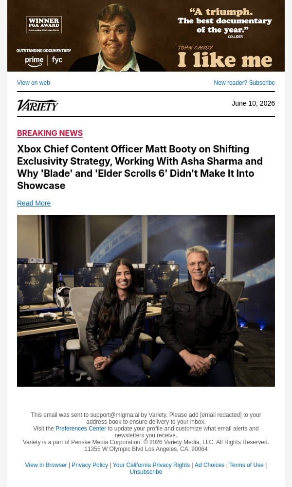 Xbox Chief Content Officer Matt Booty on Shifting Exclusivity Strategy, Working With Asha Sharma and Why 'Blade' and 'Elder Scrolls 6' Didn't Make It Into Showcase email from Variety screenshot