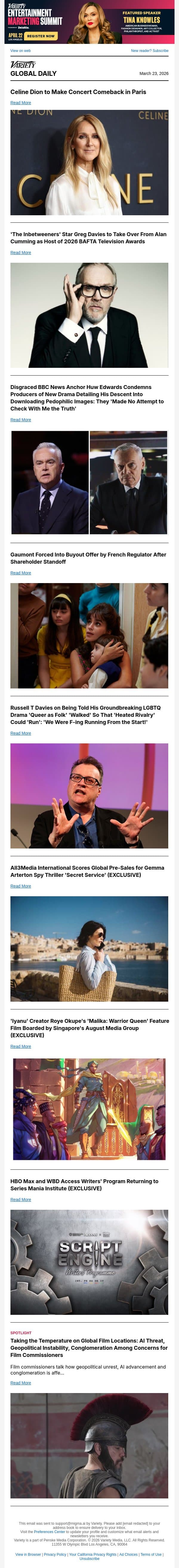 Celine Dion's Concert Comeback; Greg Davies to Host BAFTA TV Awards; Huw Edwards Condemns Channel 5 Series email from Variety screenshot