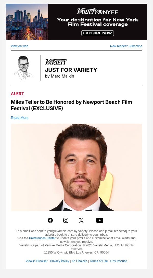 Miles Teller to Be Honored by Newport Beach Film Festival (EXCLUSIVE) email from Variety screenshot