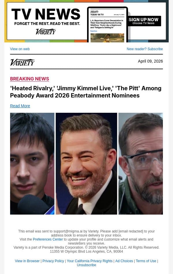 'Heated Rivalry,' 'Jimmy Kimmel Live,' 'The Pitt' Among Peabody Award 2026 Entertainment Nominees email from Variety screenshot