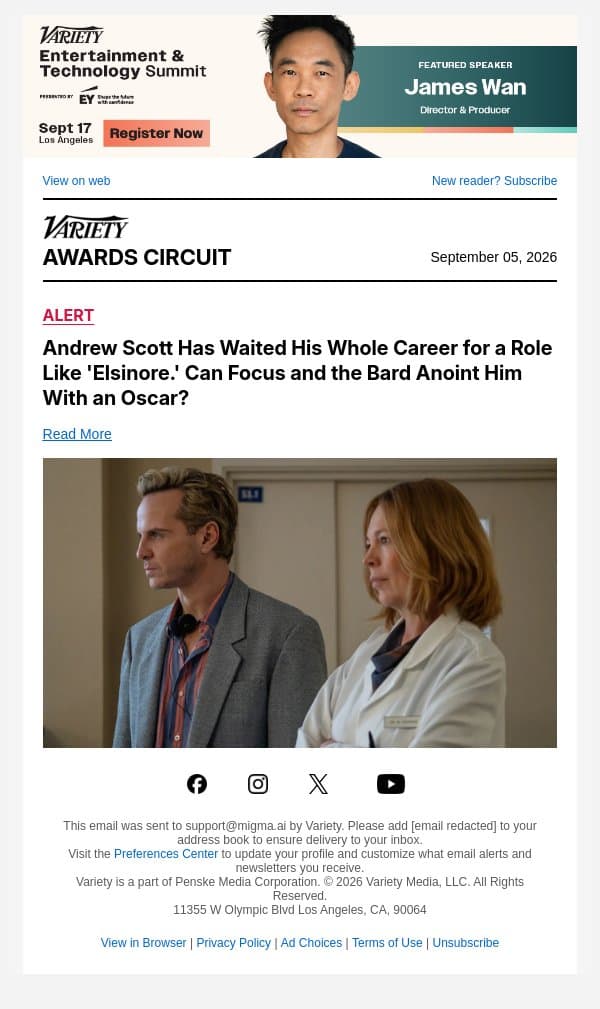 Andrew Scott Has Waited His Whole Career for a Role Like 'Elsinore.' Can Focus and the Bard Anoint Him With an Oscar? email from Variety screenshot