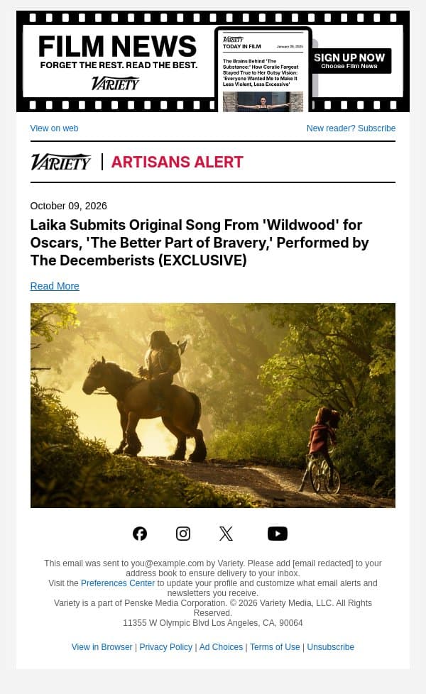 Laika Submits Original Song From 'Wildwood' for Oscars, 'The Better Part of Bravery,' Performed by The Decemberists (EXCLUSIVE) email from Variety screenshot