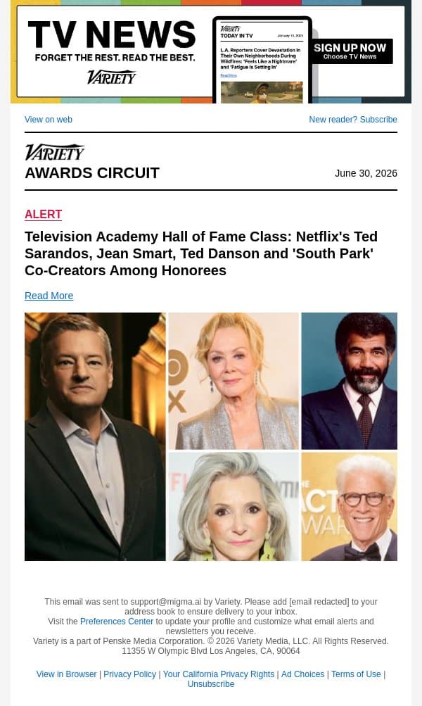 Television Academy Hall of Fame Class: Netflix's Ted Sarandos, Jean Smart, Ted Danson and 'South Park' Co-Creators Among Honorees email from Variety screenshot