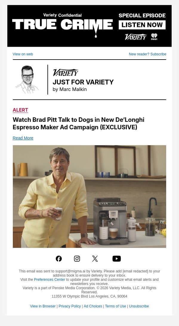 Watch Brad Pitt Talk to Dogs in New De’Longhi Espresso Maker Ad Campaign (EXCLUSIVE) email from Variety screenshot