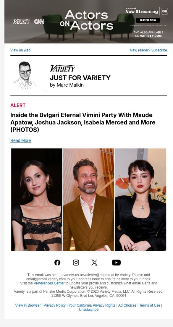 Inside the Bvlgari Eternal Vimini Party With Maude Apatow, Joshua Jackson, Isabela Merced and More (PHOTOS) email from Variety screenshot
