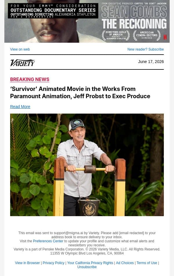 ‘Survivor' Animated Movie in the Works From Paramount Animation, Jeff Probst to Exec Produce email from Variety screenshot