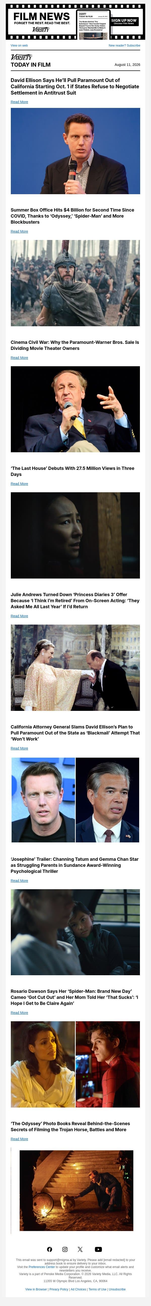 Ellison Threatens to Pull Paramount Out of Calif., Summer Box Office Soars; Paramount-WB. Sale Divides Theater Owners email from Variety screenshot