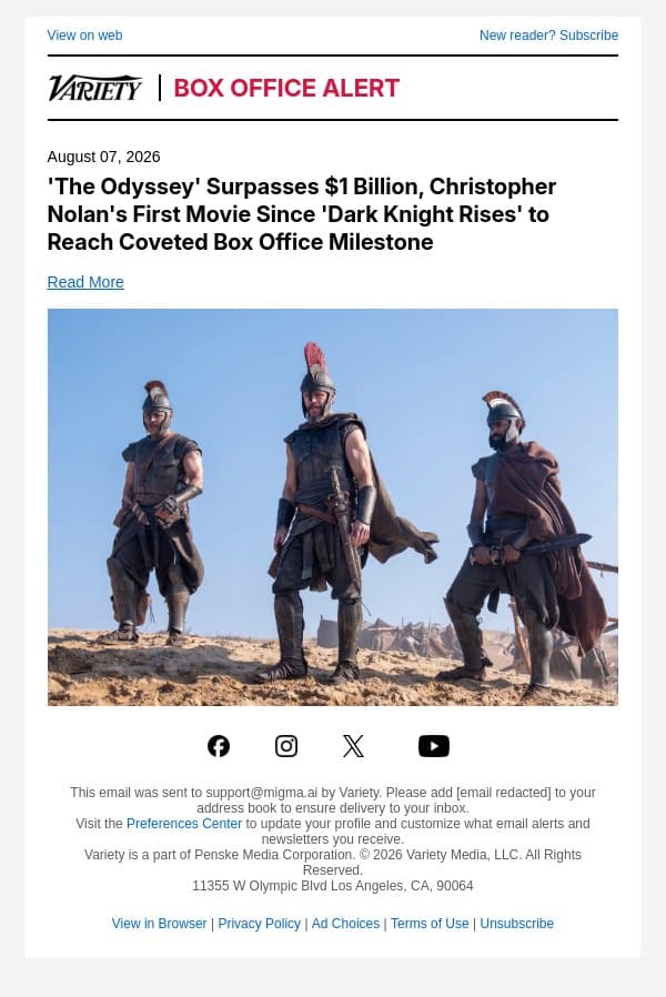 'The Odyssey' Surpasses $1 Billion, Christopher Nolan's First Movie Since 'Dark Knight Rises' to Reach Coveted Box Office Milestone email from Variety screenshot