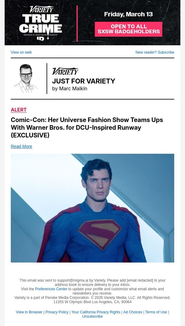 Comic-Con: Her Universe Fashion Show Teams Ups With Warner Bros. for DCU-Inspired Runway (EXCLUSIVE) email from Variety screenshot