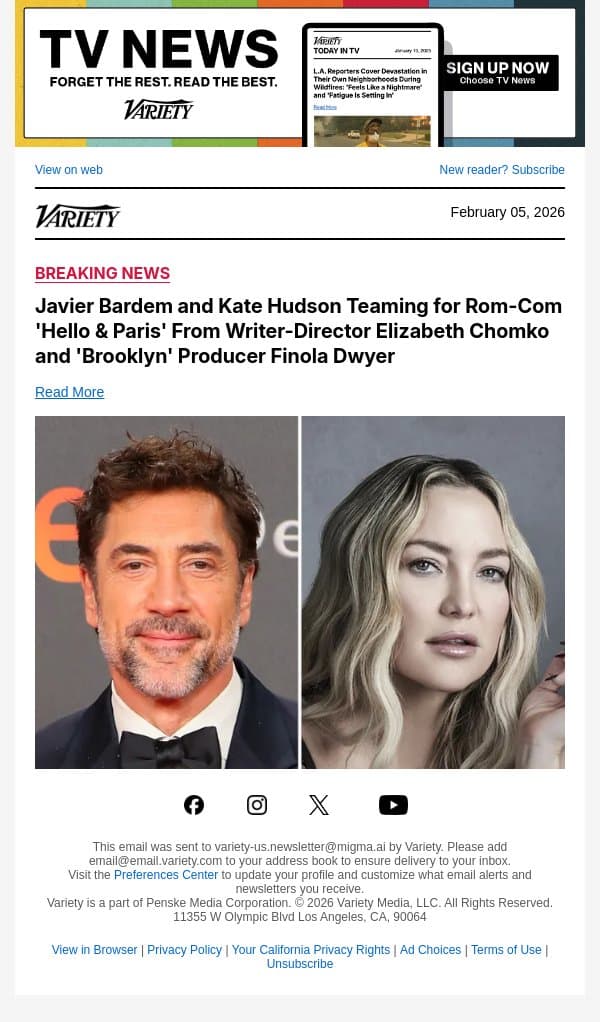 Javier Bardem and Kate Hudson Teaming for Rom-Com 'Hello and Paris' From Writer-Director Elizabeth Chomko and 'Brooklyn' Producer Finola Dwyer email from Variety screenshot