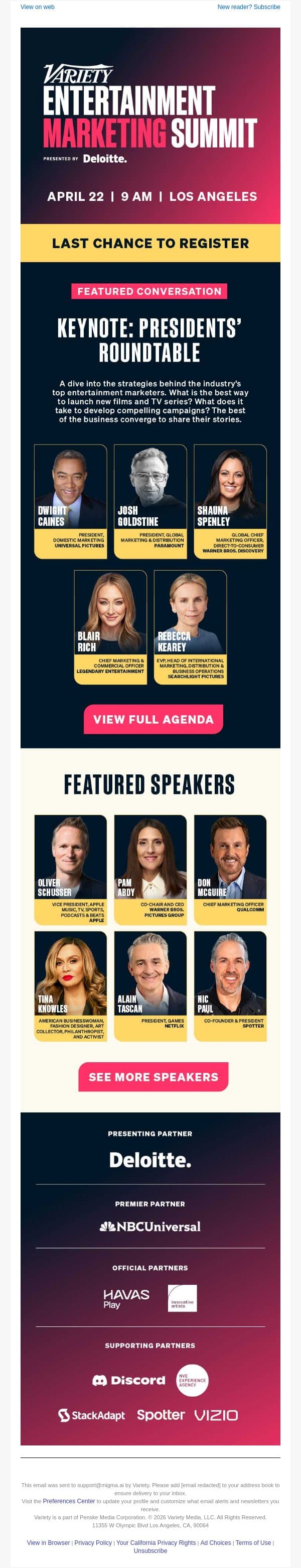 Last Chance to Register for Variety’s Entertainment Marketing Summit - Secure Your Seat Now email from Variety screenshot