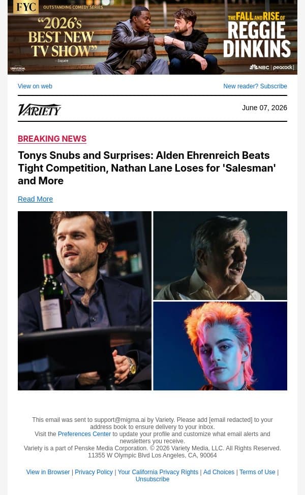 Tonys Snubs and Surprises: Alden Ehrenreich Beats Tight Competition, Nathan Lane Loses for 'Salesman' and More email from Variety screenshot