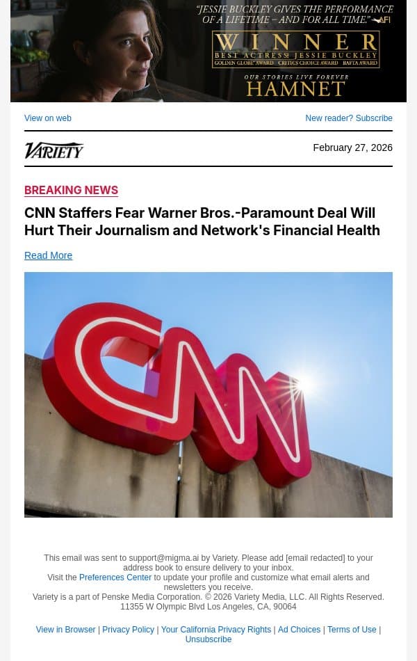 CNN Staffers Fear Warner Bros.-Paramount Deal Will Hurt Their Journalism and Network's Financial Health email from Variety screenshot