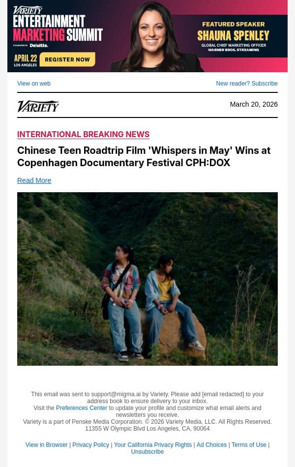 Chinese Teen Roadtrip Film 'Whispers in May' Wins at Copenhagen Documentary Festival CPH:DOX email from Variety screenshot