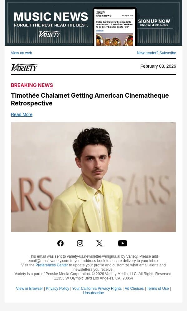 Timothée Chalamet Getting American Cinematheque Retrospective email from Variety screenshot