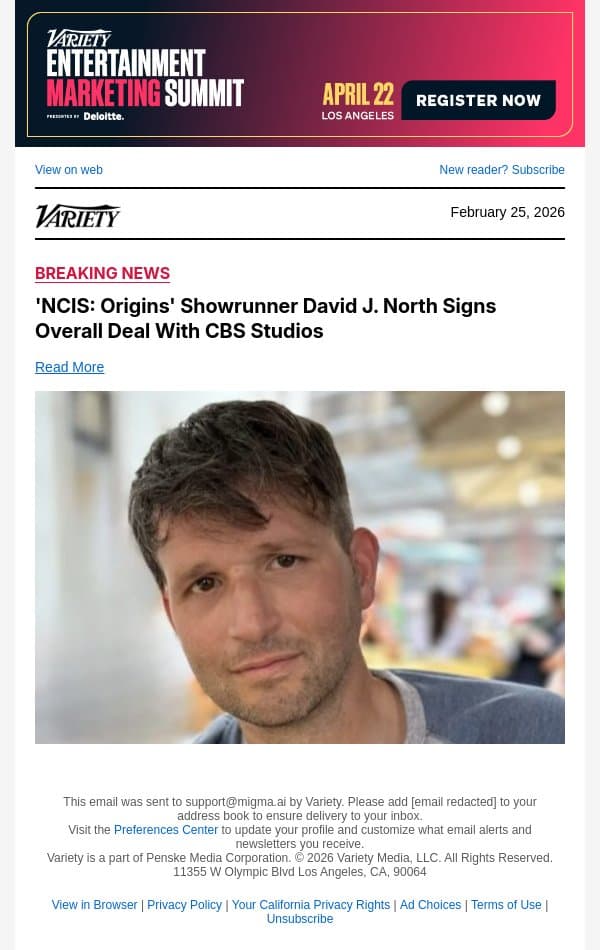 'NCIS: Origins' Showrunner David J. North Signs Overall Deal With CBS Studios email from Variety screenshot