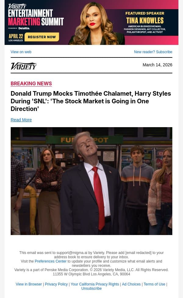 Donald Trump Mocks Timothée Chalamet, Harry Styles During 'SNL': 'The Stock Market is Going in One Direction' email from Variety screenshot
