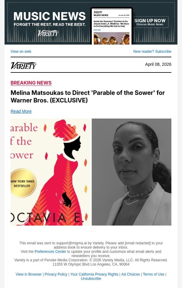 Melina Matsoukas to Direct 'Parable of the Sower' for Warner Bros. (EXCLUSIVE) email from Variety screenshot