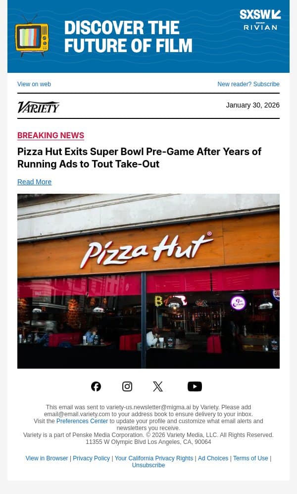 Pizza Hut Exits Super Bowl Pre-Game After Years of Running Ads to Tout Take-Out email from Variety screenshot