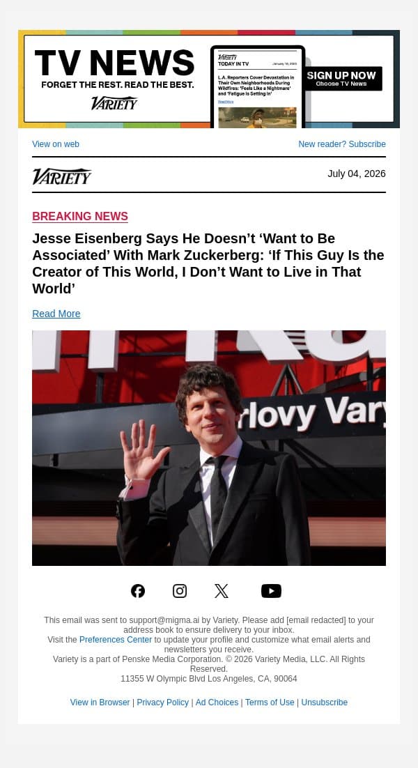 Jesse Eisenberg Says He Doesn’t ‘Want to Be Associated’ With Mark Zuckerberg: ‘If This Guy Is the Creator of This World, I Don’t Want to Live in That World’ email from Variety screenshot