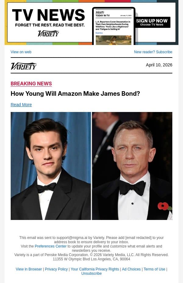 How Young Will Amazon Make James Bond? email from Variety screenshot