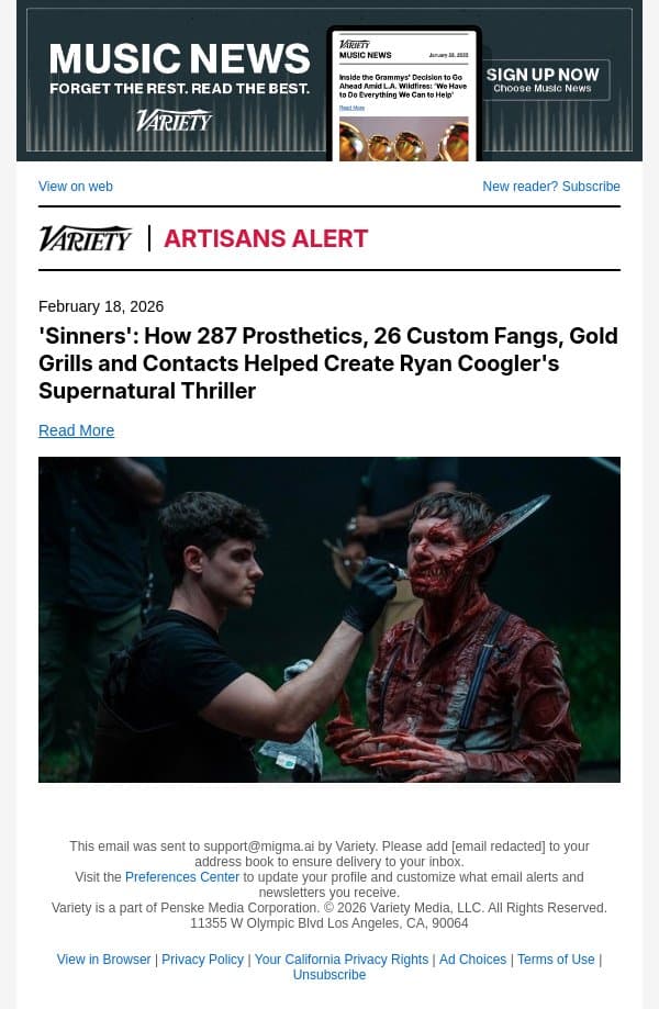 'Sinners': How 287 Prosthetics, 26 Custom Fangs, Gold Grills and Contacts Helped Create Ryan Coogler's Supernatural Thriller email from Variety screenshot