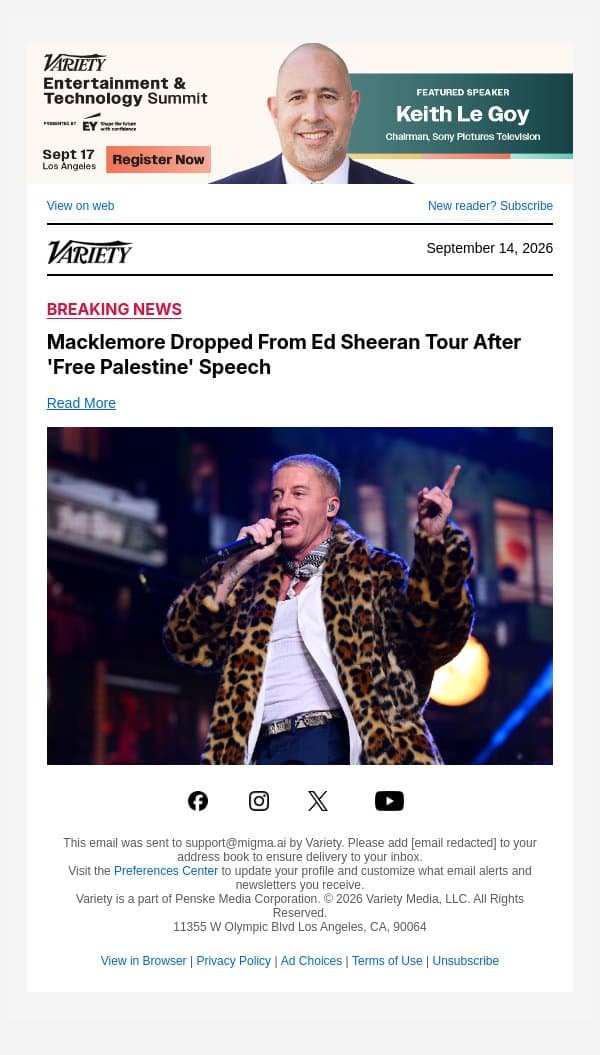 Macklemore Dropped From Ed Sheeran Tour After 'Free Palestine' Speech email from Variety screenshot
