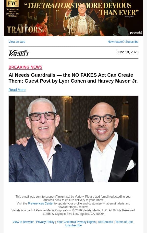 AI Needs Guardrails — the NO FAKES Act Can Create Them: Guest Post by Lyor Cohen and Harvey Mason Jr. email from Variety screenshot