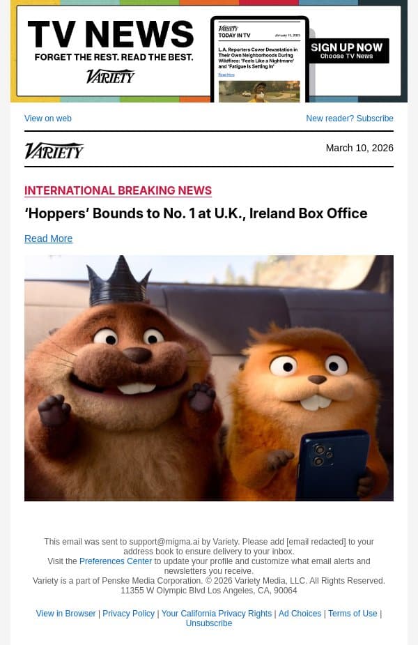 ‘Hoppers’ Bounds to No. 1 at U.K., Ireland Box Office email from Variety screenshot