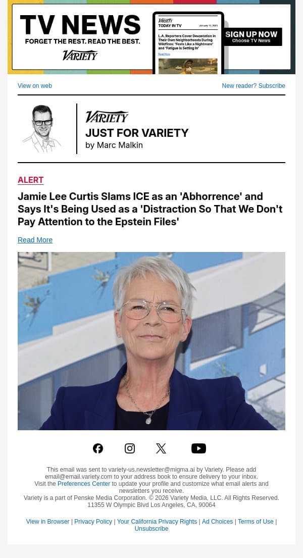 Jamie Lee Curtis Slams ICE as an 'Abhorrence' and Says It's Being Used as a 'Distraction So That We Don't Pay Attention to the Epstein Files' email from Variety screenshot