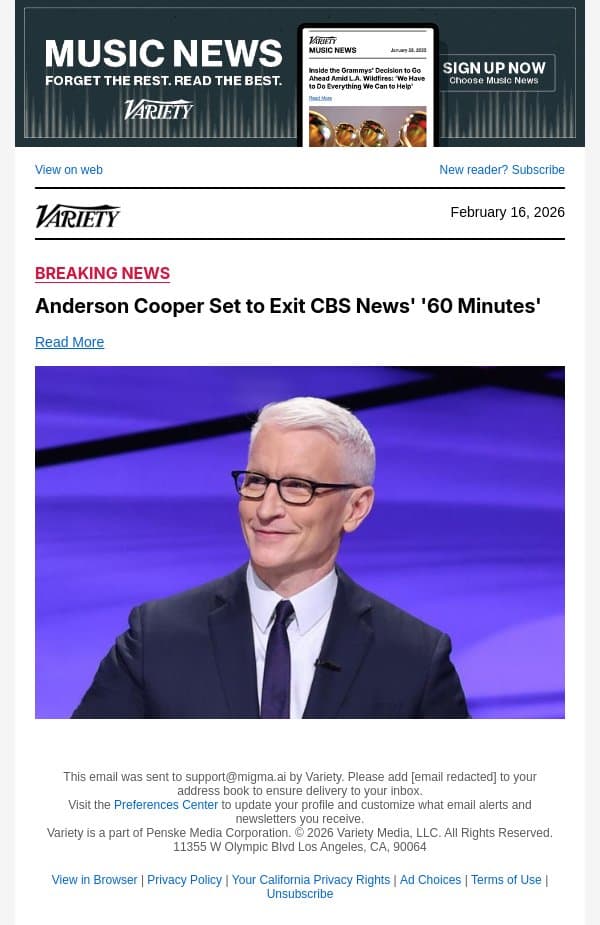 Anderson Cooper Set to Exit CBS News' '60 Minutes' email from Variety screenshot