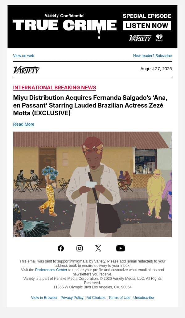 Miyu Distribution Acquires Fernanda Salgado’s ‘Ana, en Passant’ Starring Lauded Brazilian Actress Zezé Motta (EXCLUSIVE) email from Variety screenshot