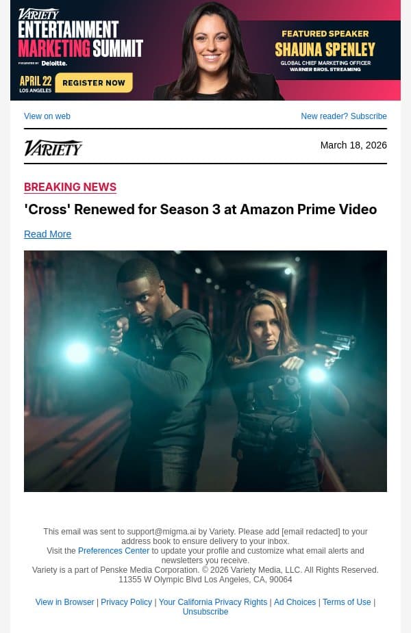 'Cross' Renewed for Season 3 at Amazon Prime Video email from Variety screenshot