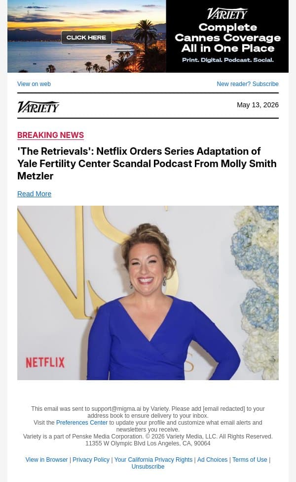 'The Retrievals': Netflix Orders Series Adaptation of Yale Fertility Center Scandal Podcast From Molly Smith Metzler email from Variety screenshot