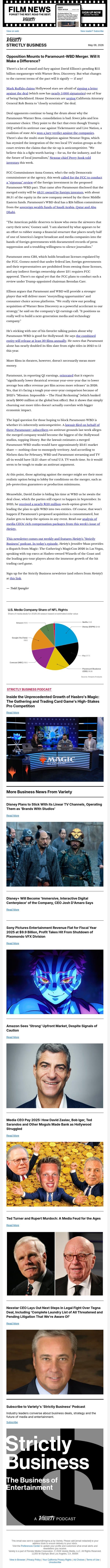 Strictly Business Newsletter & Podcast: Paramount-WBD Opposition Gains Steam; Why Disney Is Sticking With Linear TV; CEO Pay Packages Revealed; Inside Magic: The Gathering's MagicCon 2026; and More email from Variety screenshot