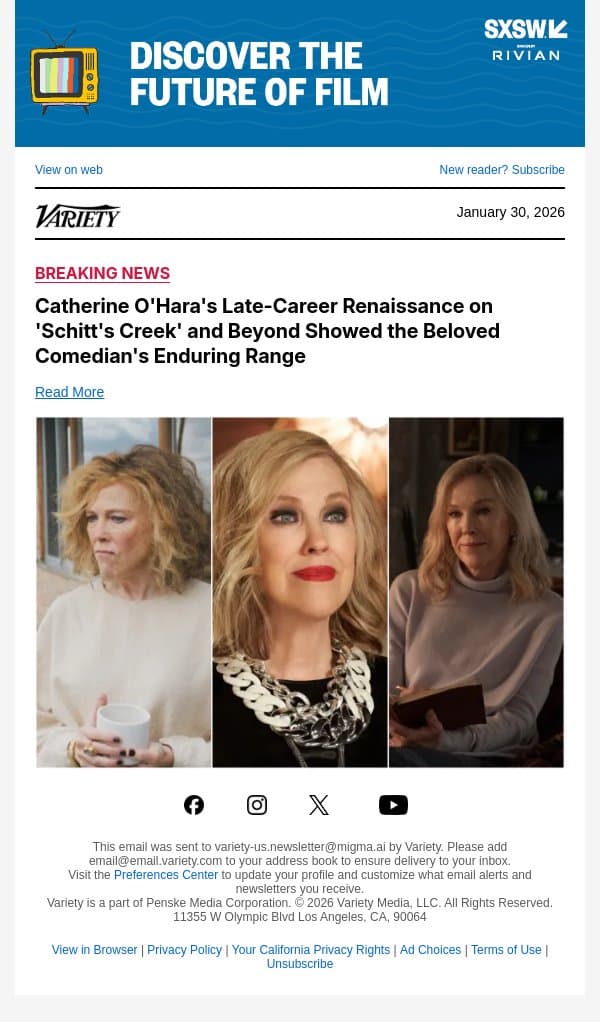 Catherine O'Hara's Late-Career Renaissance on 'Schitt's Creek' and Beyond Showed the Beloved Comedian's Enduring Range email from Variety screenshot