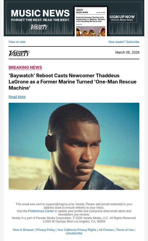 'Baywatch' Reboot Casts Newcomer Thaddeus LaGrone as a Former Marine Turned 'One-Man Rescue Machine' email from Variety screenshot