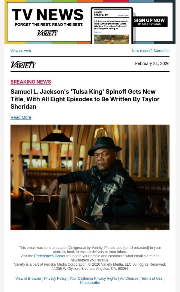 Samuel L. Jackson's 'Tulsa King' Spinoff Gets New Title, With All Eight Episodes to Be Written By Taylor Sheridan email from Variety screenshot