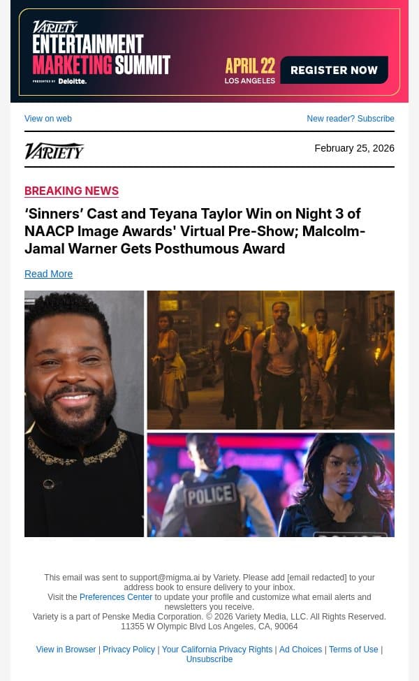 ‘Sinners’ Cast and Teyana Taylor Win on Night 3 of NAACP Image Awards' Virtual Pre-Show; Malcolm-Jamal Warner Gets Posthumous Award email from Variety screenshot