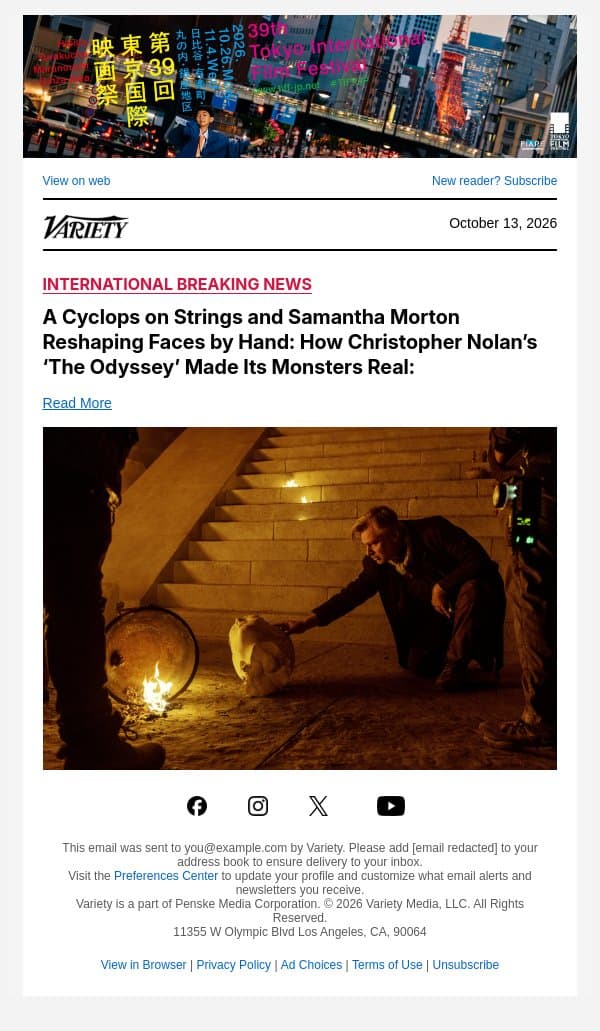 A Cyclops on Strings and Samantha Morton Reshaping Faces by Hand: How Christopher Nolan’s ‘The Odyssey’ Made Its Monsters Real: email from Variety screenshot