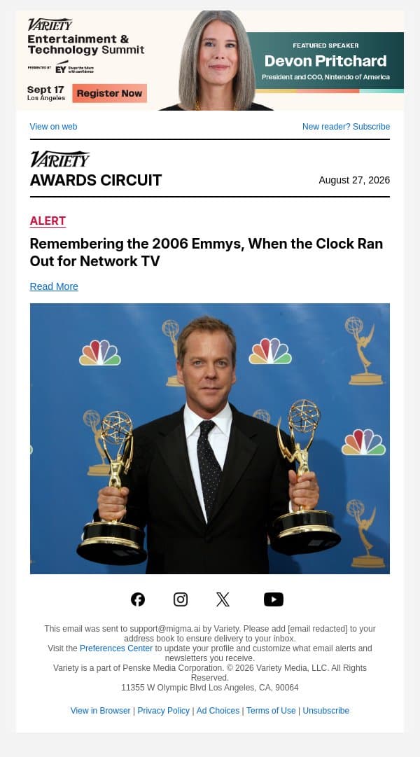 Remembering the 2006 Emmys, When the Clock Ran Out for Network TV email from Variety screenshot