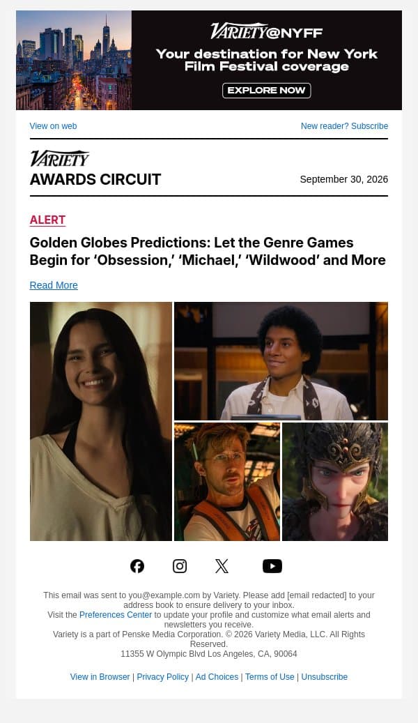 Golden Globes Predictions: Let the Genre Games Begin for ‘Obsession,’ ‘Michael,’ ‘Wildwood’ and More email from Variety screenshot
